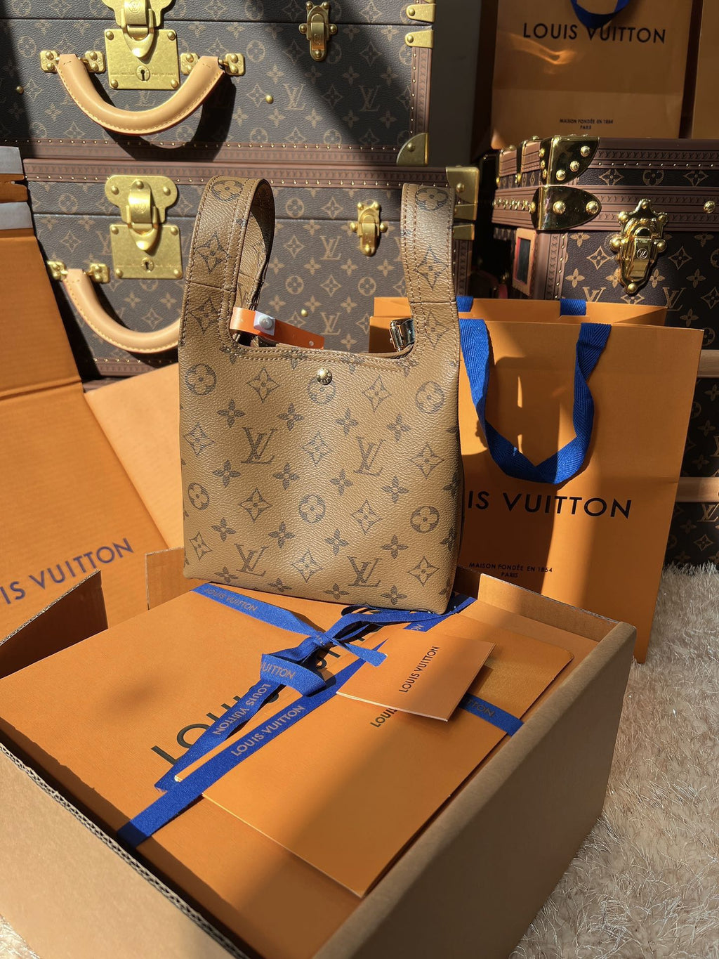 LV Sac Plat MM Monogram Reverse Tote with Black Leather Trim (17 x 17 x 7) cm