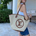 LV OnTheGo MM Monogram Canvas Straw Tote Shoulder Bag with Leather Trim 50 cm